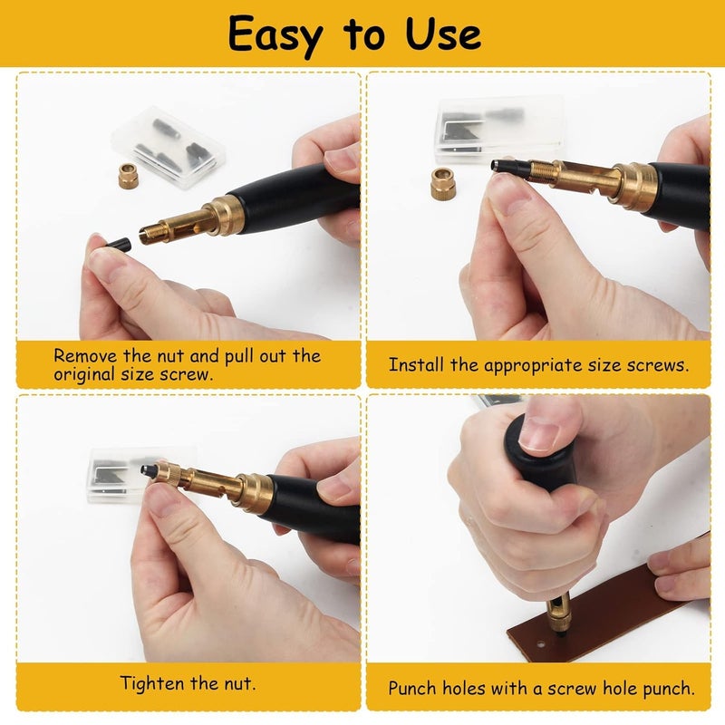 Boyistar Japanese Screw Punch, Wood Handle Belt Hole Puncher, Adjustable Leather Hole Punch Tool for Belts, Watch Band, Handbags with 6 Tip Sizes 4/3.5/3/2.5/2/1.5mm Screws - Image 3